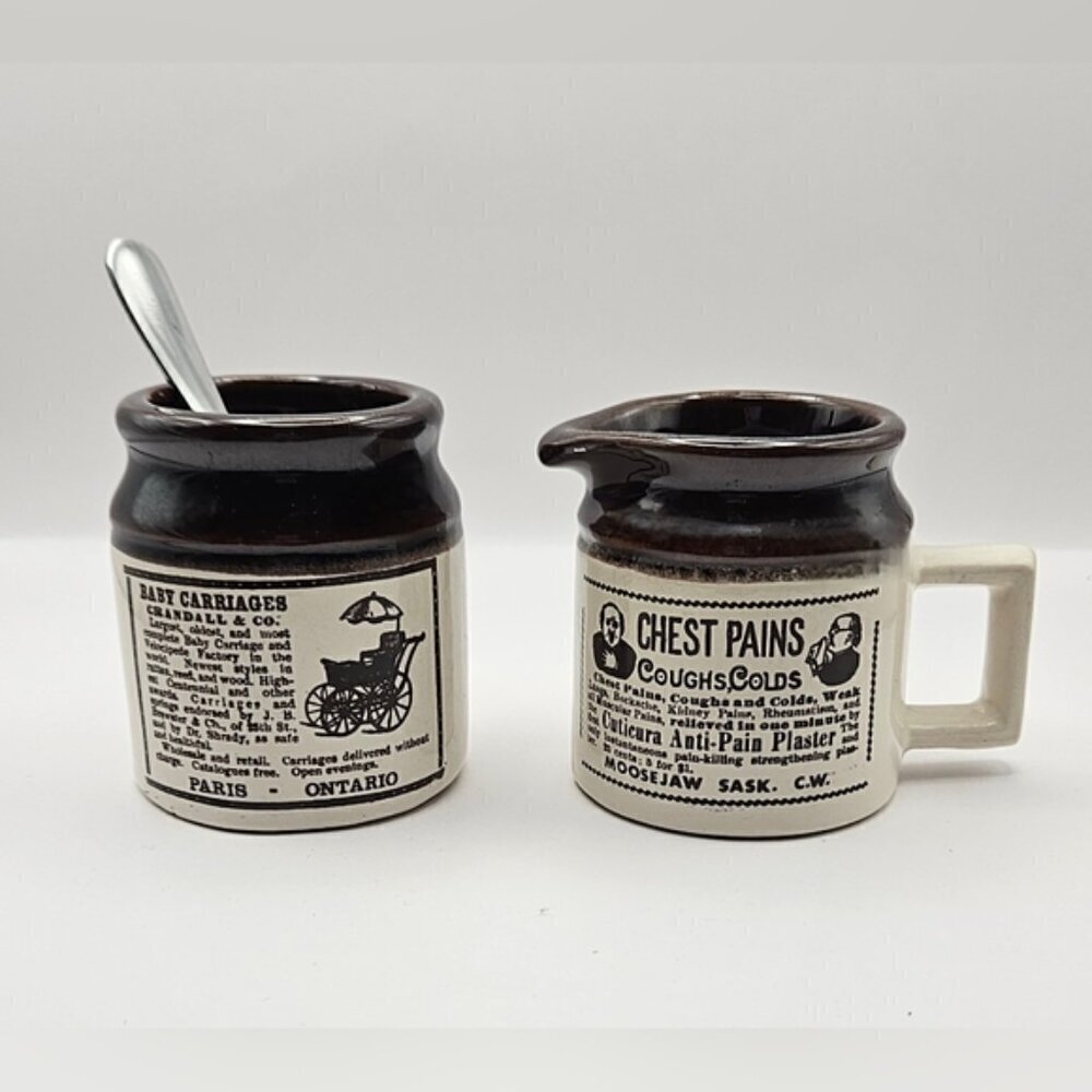 Vintage Ye Olde Canadian Stoneware Cream & Sugar Set with Sugar Spoon.